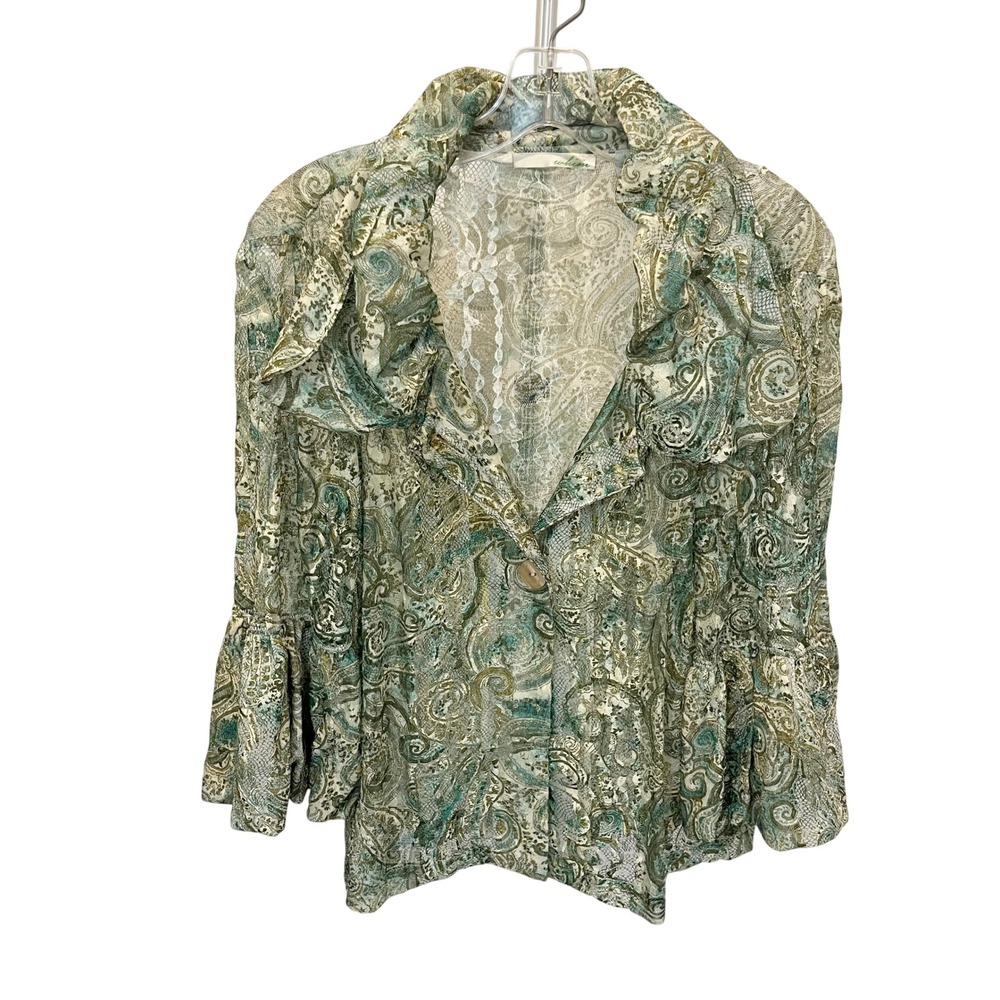 Whim Womens Artsy Boho Paisley Lace Ruffle Collar Jacket Green Teal Size Large